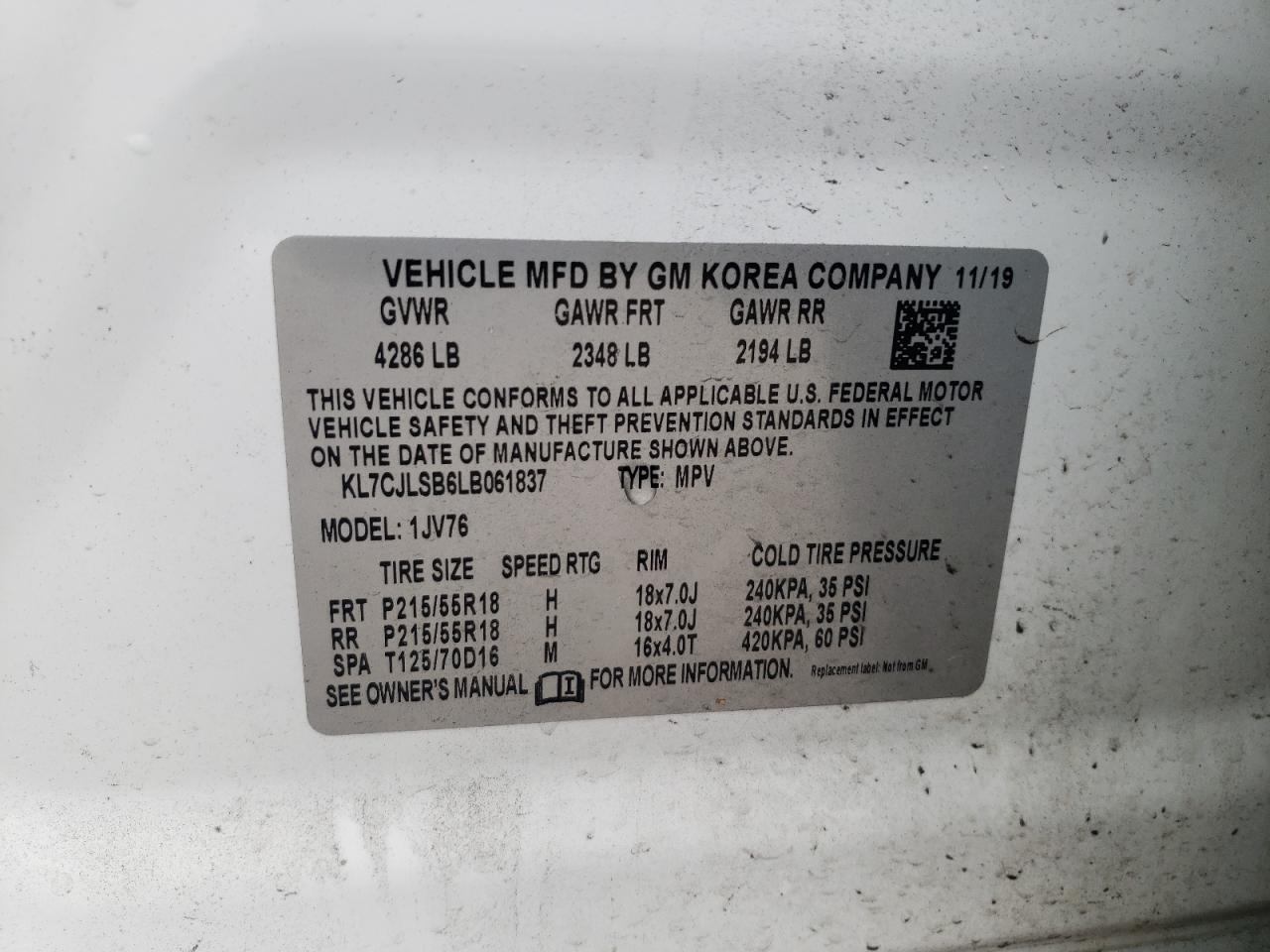 Photo 10 from auction – 2020 CHEVROLET TRAX 1LT with VIN KL7CJLSB6LB061837