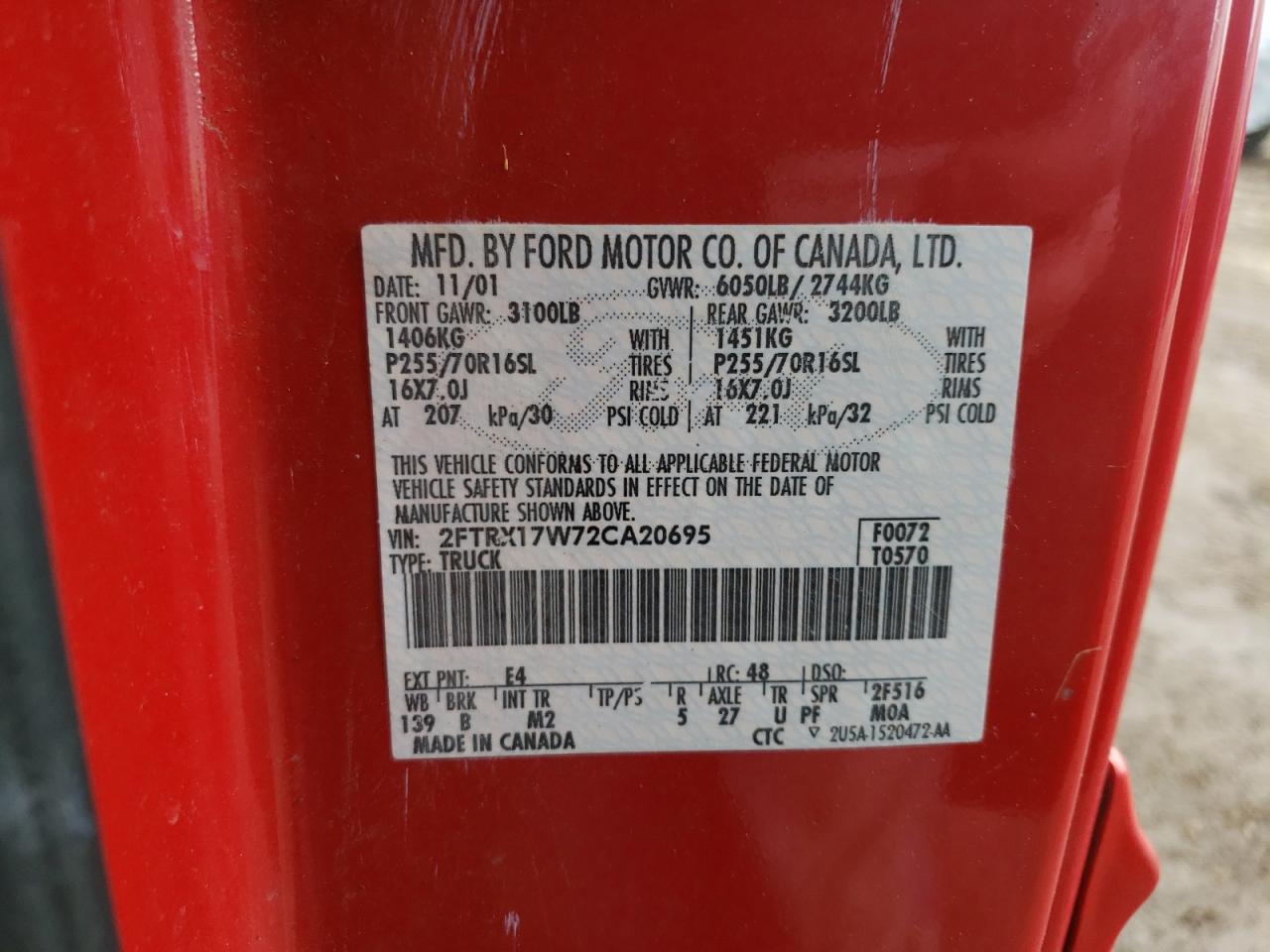 Photo 10 from auction – 2002 FORD F150 with VIN 2FTRX17W72CA20695