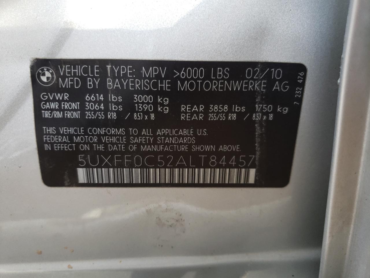 Photo 10 from auction – 2010 BMW X5 XDRIVE3 with VIN 5UXFF0C52ALT84457