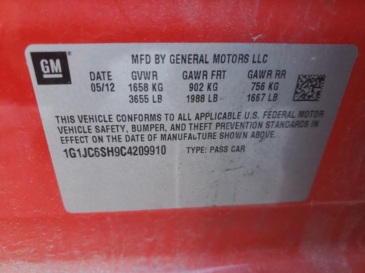 Photo 10 from auction – 2012 CHEVROLET SONIC LT with VIN 1G1JC6SH9C4209910