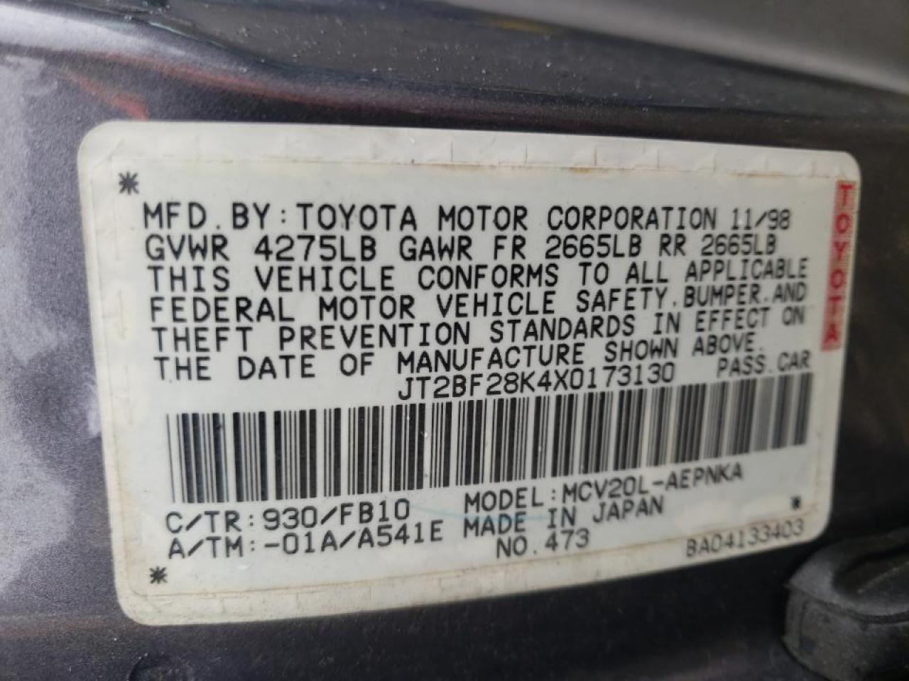 Photo 10 from auction – 1999 TOYOTA CAMRY LE with VIN JT2BF28K4X0173130