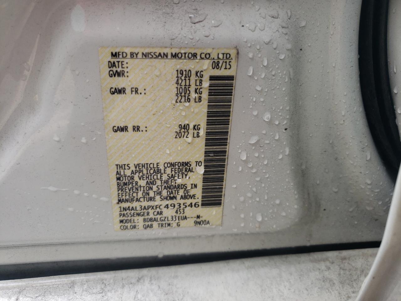 Photo 10 from auction – 2015 NISSAN ALTIMA 2.5 with VIN 1N4AL3APXFC493546