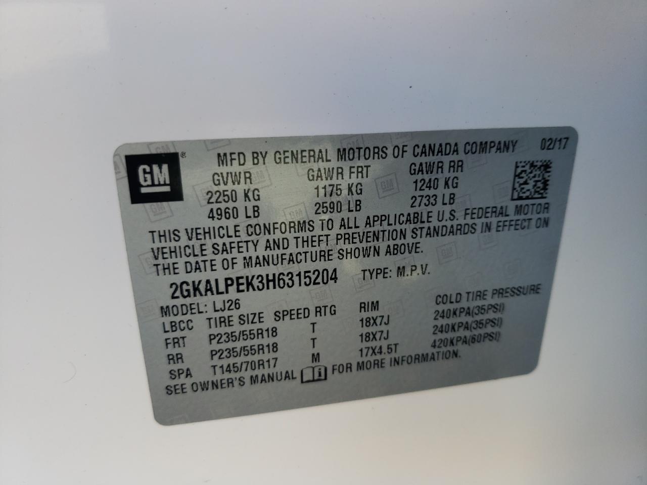 Photo 10 from auction – 2017 GMC TERRAIN SL with VIN 2GKALPEK3H6315204