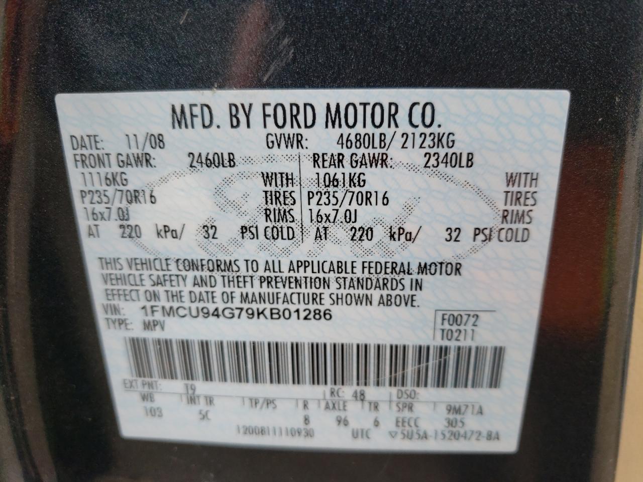 Photo 10 from auction – 2009 FORD ESCAPE LIM with VIN 1FMCU94G79KB01286