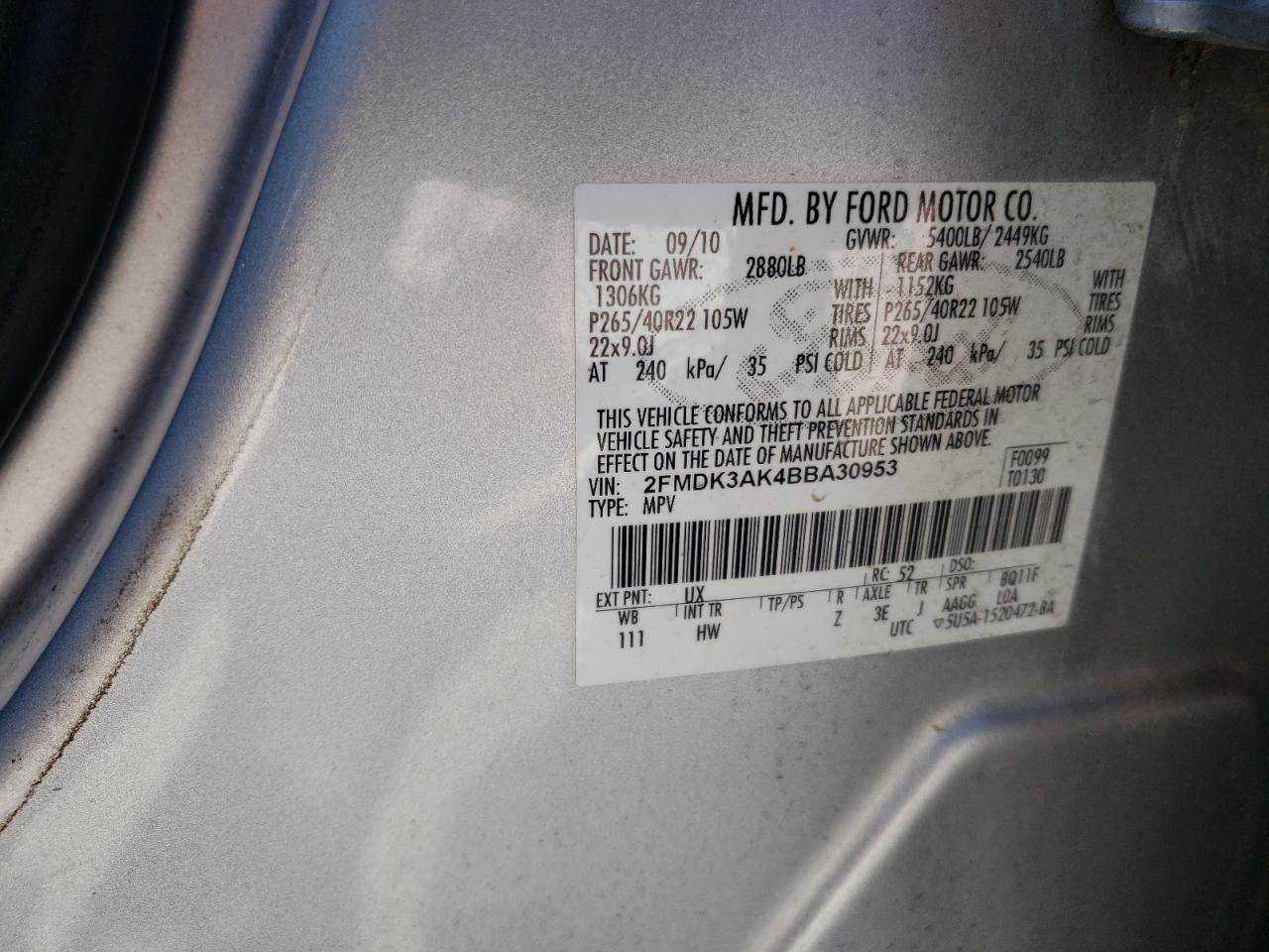 Photo 10 from auction – 2011 FORD EDGE SPORT with VIN 2FMDK3AK4BBA30953