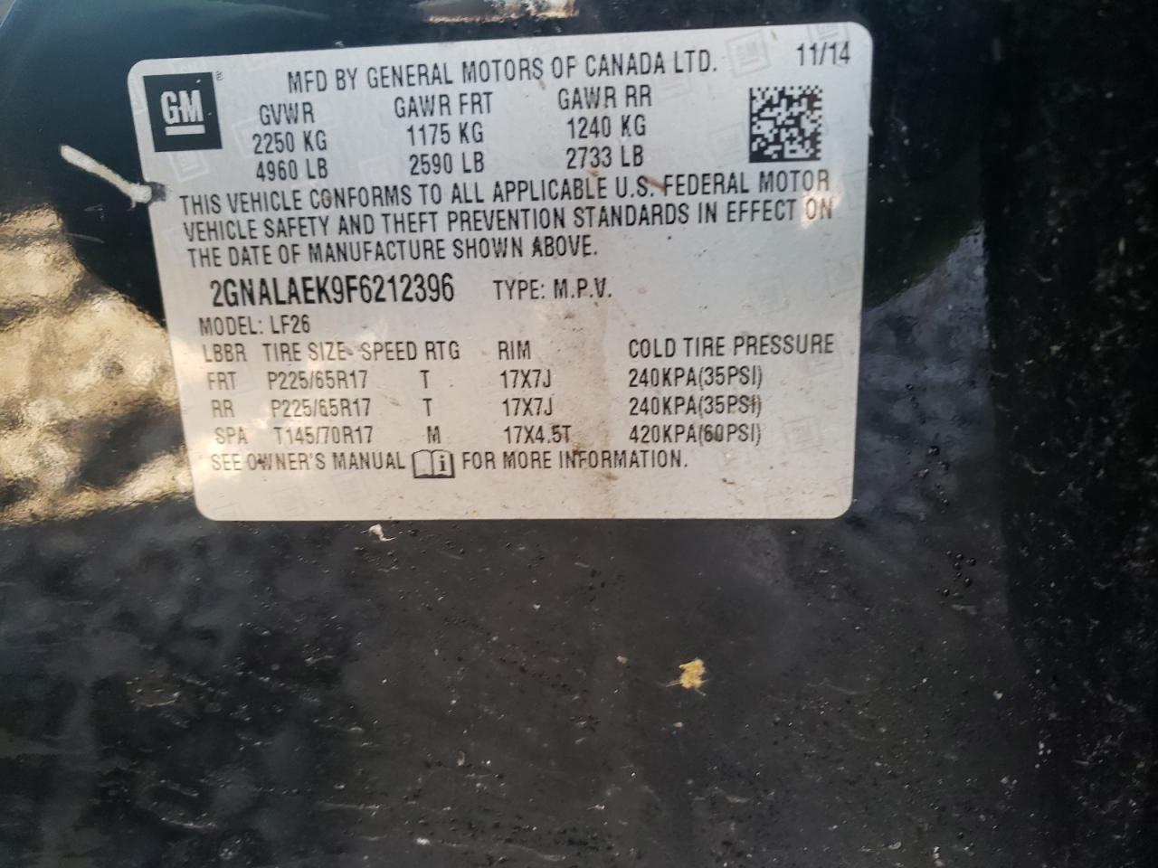 Photo 10 from auction – 2015 CHEVROLET EQUINOX LS with VIN 2GNALAEK9F6212396
