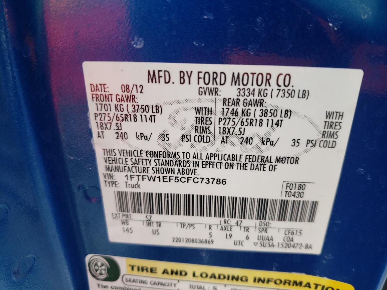 Photo 10 from auction – 2012 FORD F150 SUPER with VIN 1FTFW1EF5CFC73786