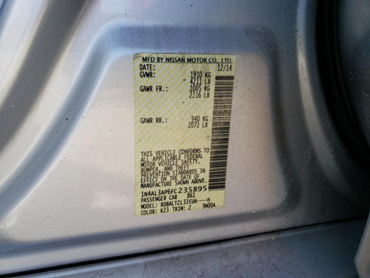 Photo 10 from auction – 2015 NISSAN ALTIMA 2.5 with VIN 1N4AL3AP6FC235895