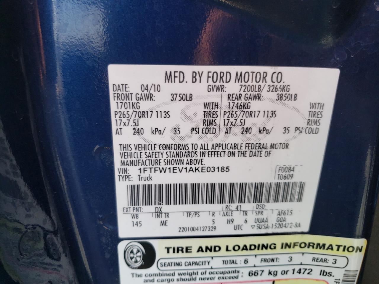 Photo 10 from auction – 2010 FORD F150 SUPER with VIN 1FTFW1EV1AKE03185