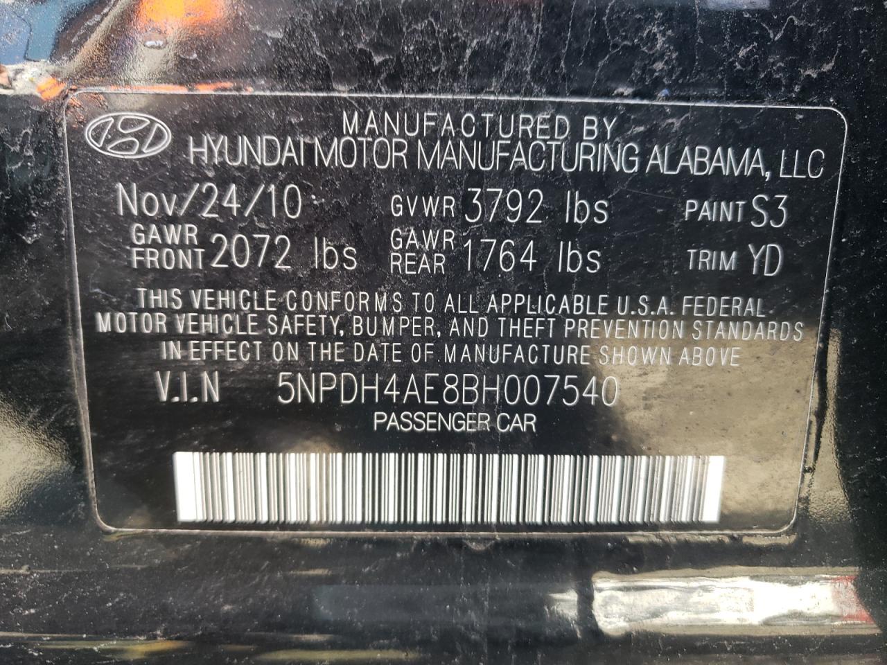Photo 10 from auction – 2011 HYUNDAI ELANTRA GL with VIN 5NPDH4AE8BH007540