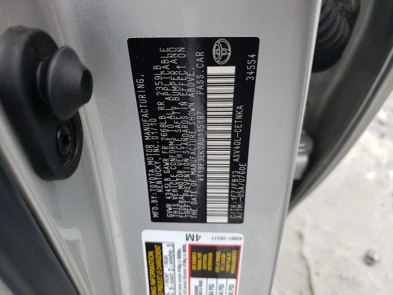 Photo 10 from auction – 2010 TOYOTA CAMRY BASE with VIN 4T1BF3EK0AU115187