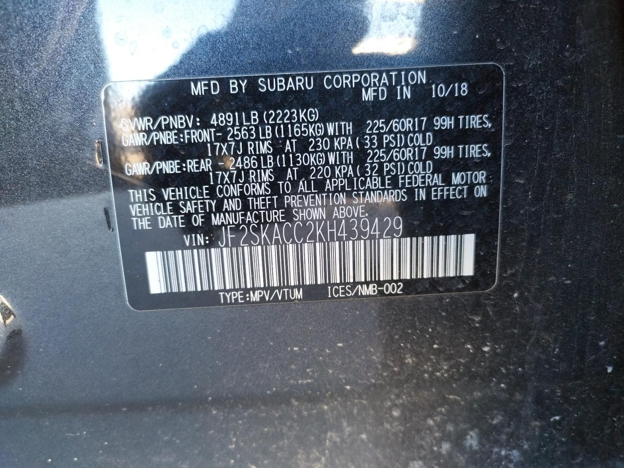 Photo 10 from auction – 2019 SUBARU FORESTER with VIN JF2SKACC2KH439429