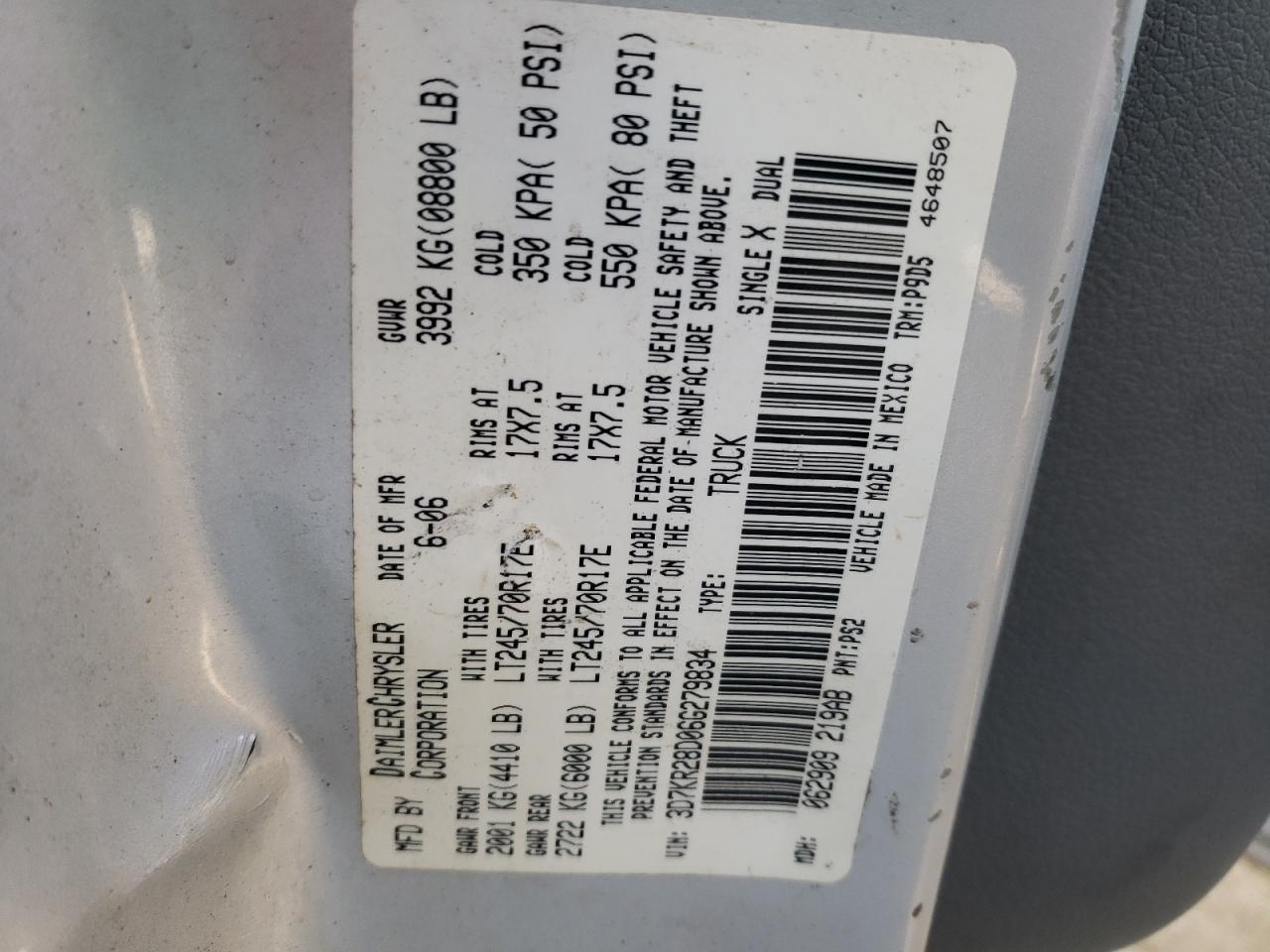 Photo 10 from auction – 2006 DODGE RAM 2500 S with VIN 3D7KR28D06G279834