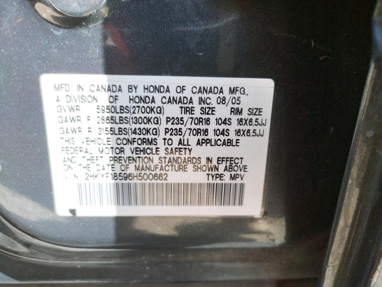 Photo 10 from auction – 2006 HONDA PILOT EX with VIN 2HKYF18596H500662