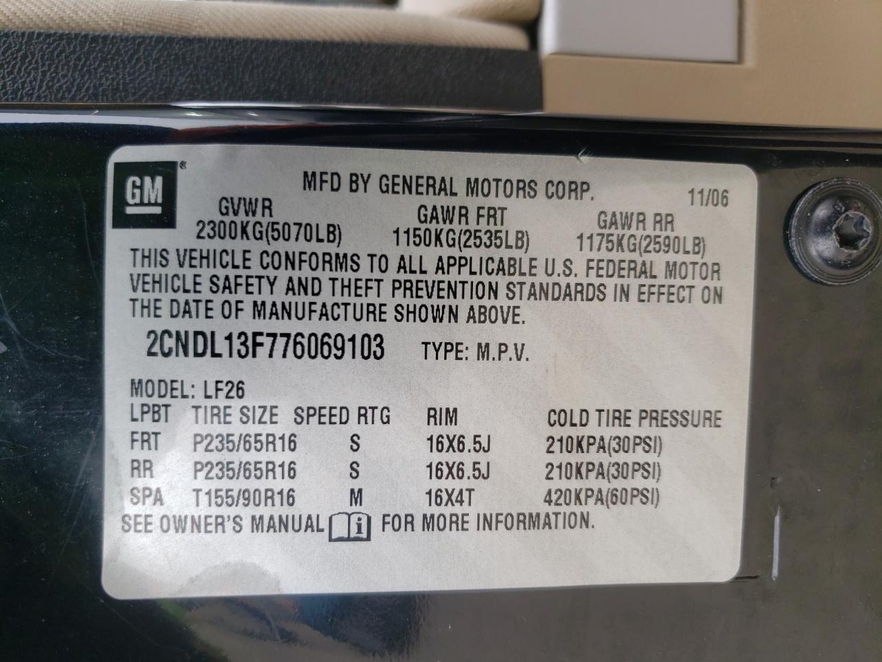 Photo 10 from auction – 2007 CHEVROLET EQUINOX LS with VIN 2CNDL13F776069103