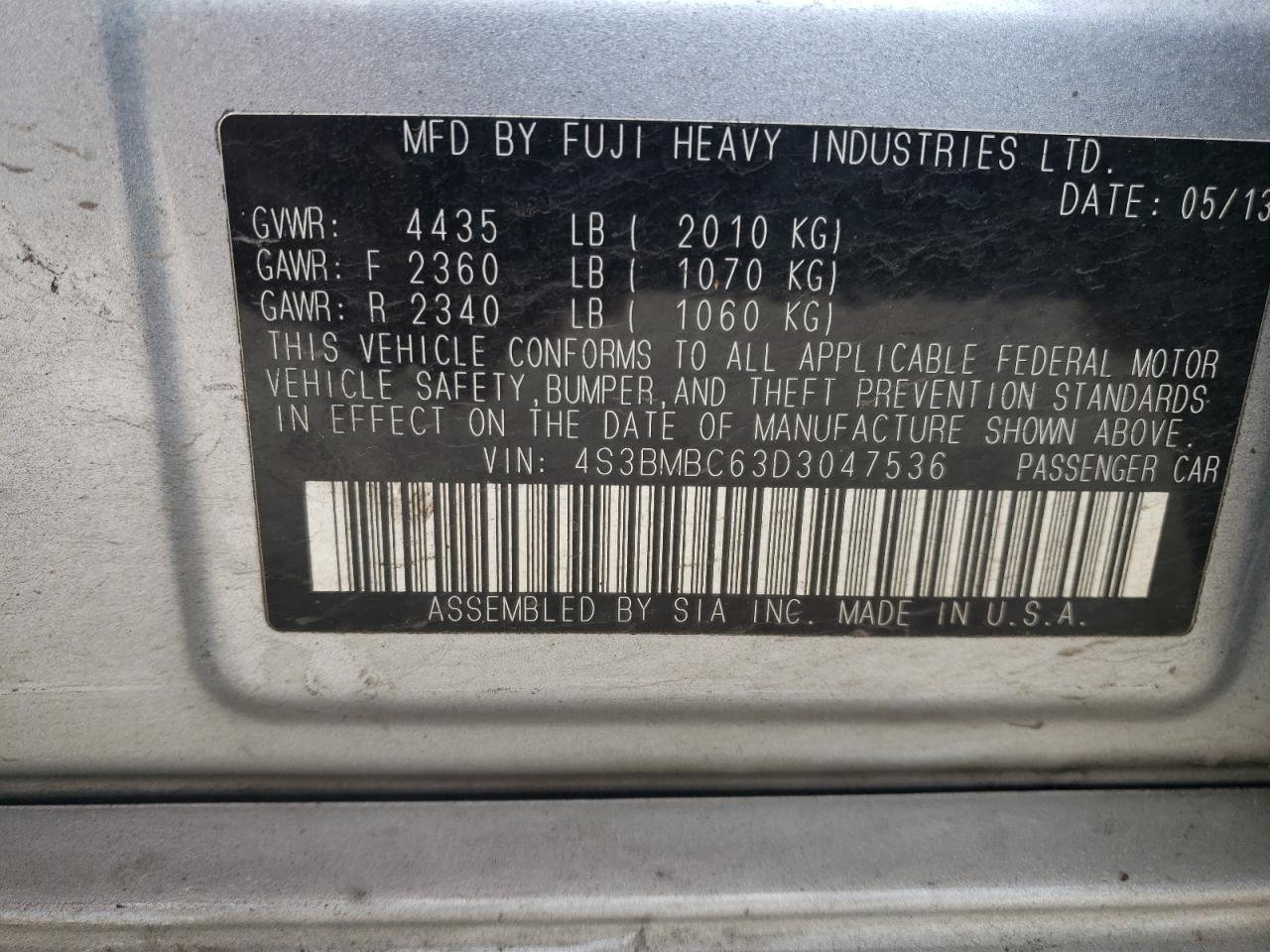 Photo 10 from auction – 2013 SUBARU LEGACY 2.5 with VIN 4S3BMBC63D3047536
