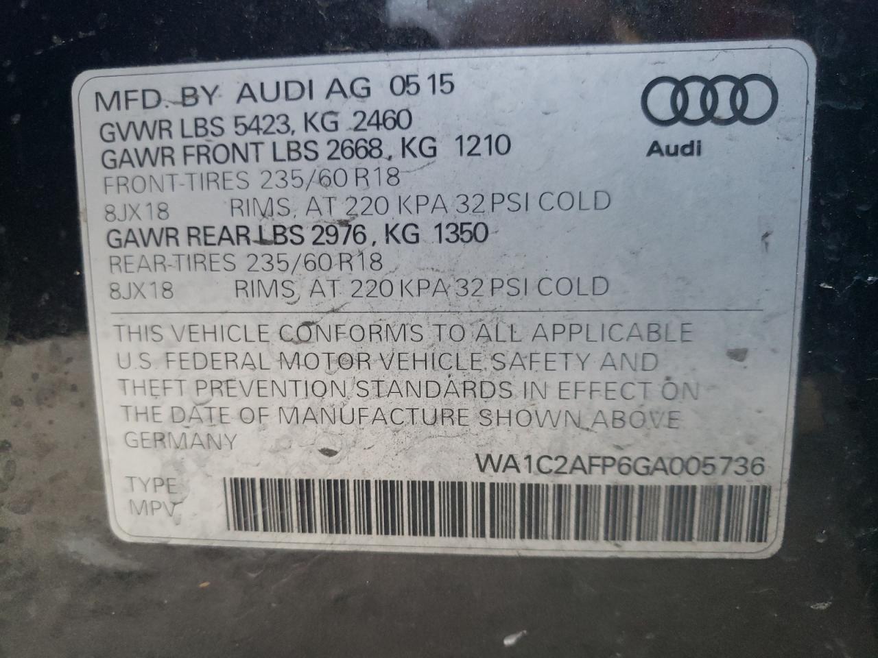 Photo 10 from auction – 2016 AUDI Q5 PREMIUM with VIN WA1C2AFP6GA005736