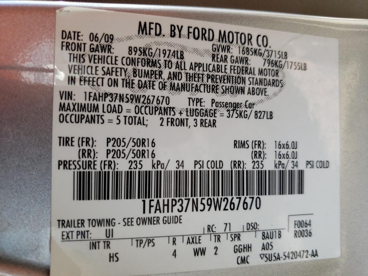 Photo 10 from auction – 2009 FORD FOCUS SEL with VIN 1FAHP37N59W267670