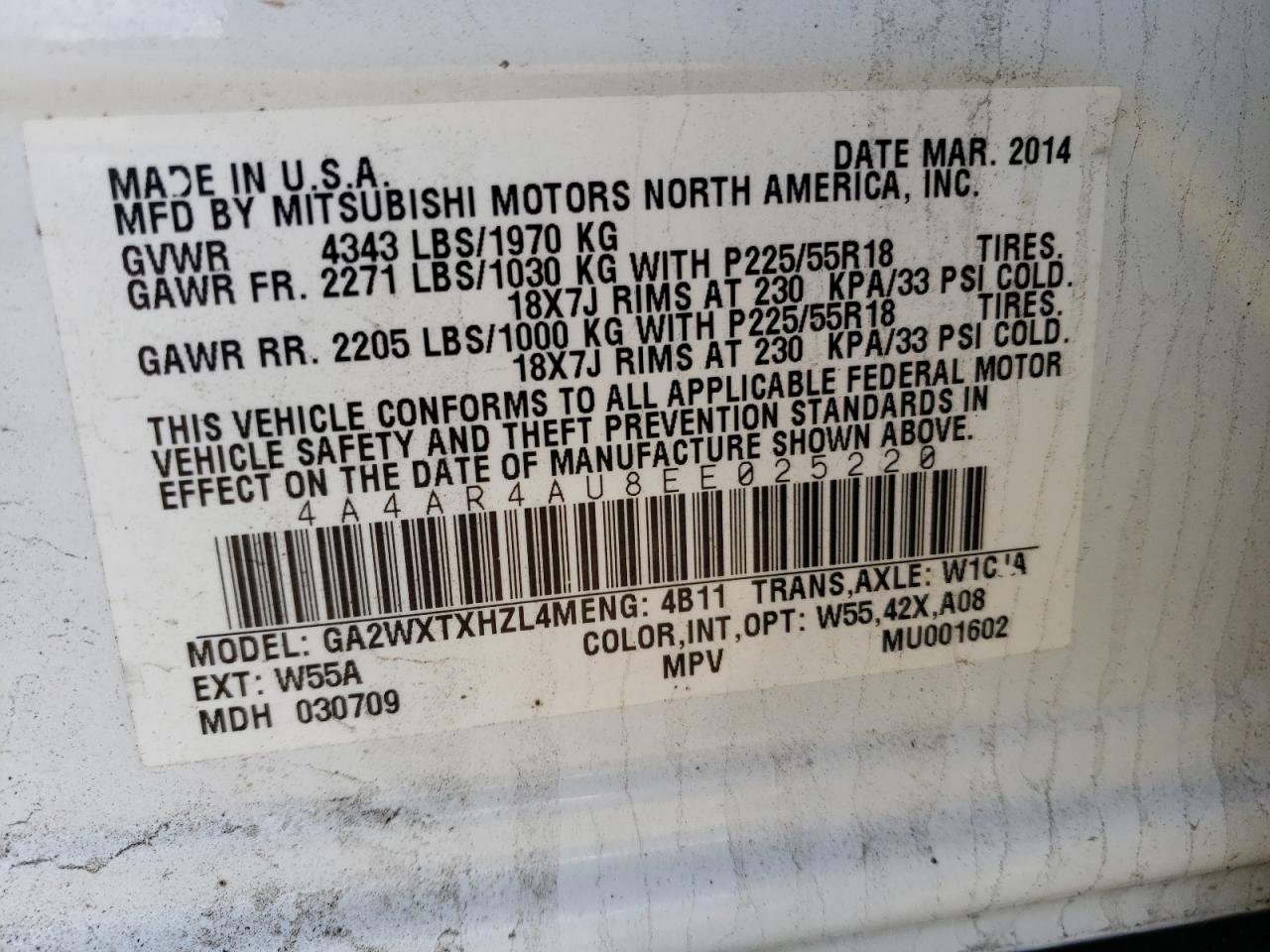 Photo 10 from auction – 2014 MITSUBISHI OUTLANDER with VIN 4A4AR4AU8EE025220