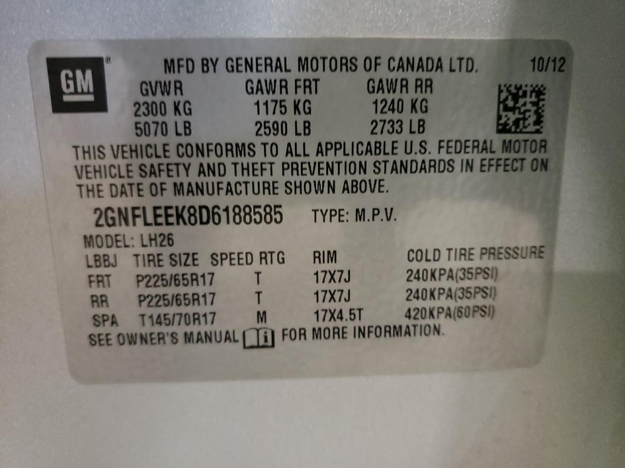 Photo 10 from auction – 2013 CHEVROLET EQUINOX LT with VIN 2GNFLEEK8D6188585