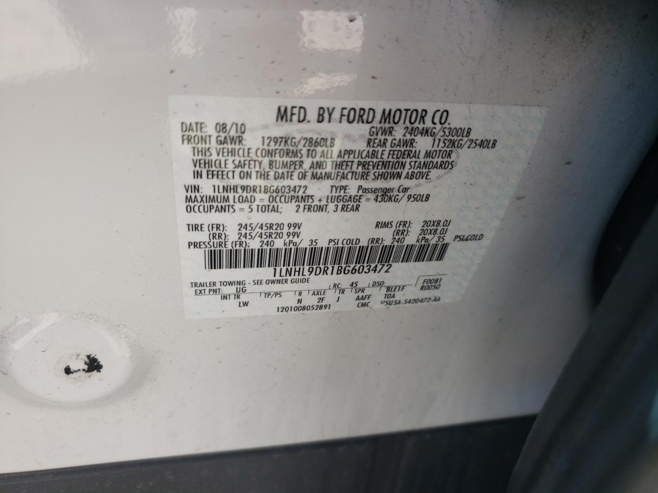 Photo 10 from auction – 2011 LINCOLN MKS with VIN 1LNHL9DR1BG603472