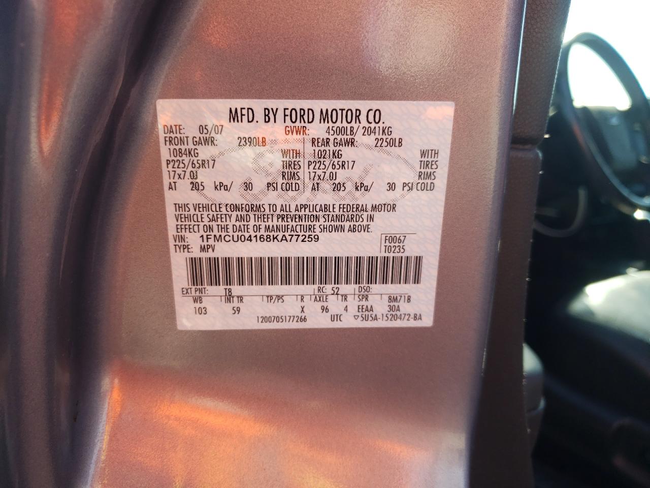 Photo 10 from auction – 2008 FORD ESCAPE LIM with VIN 1FMCU04168KA77259