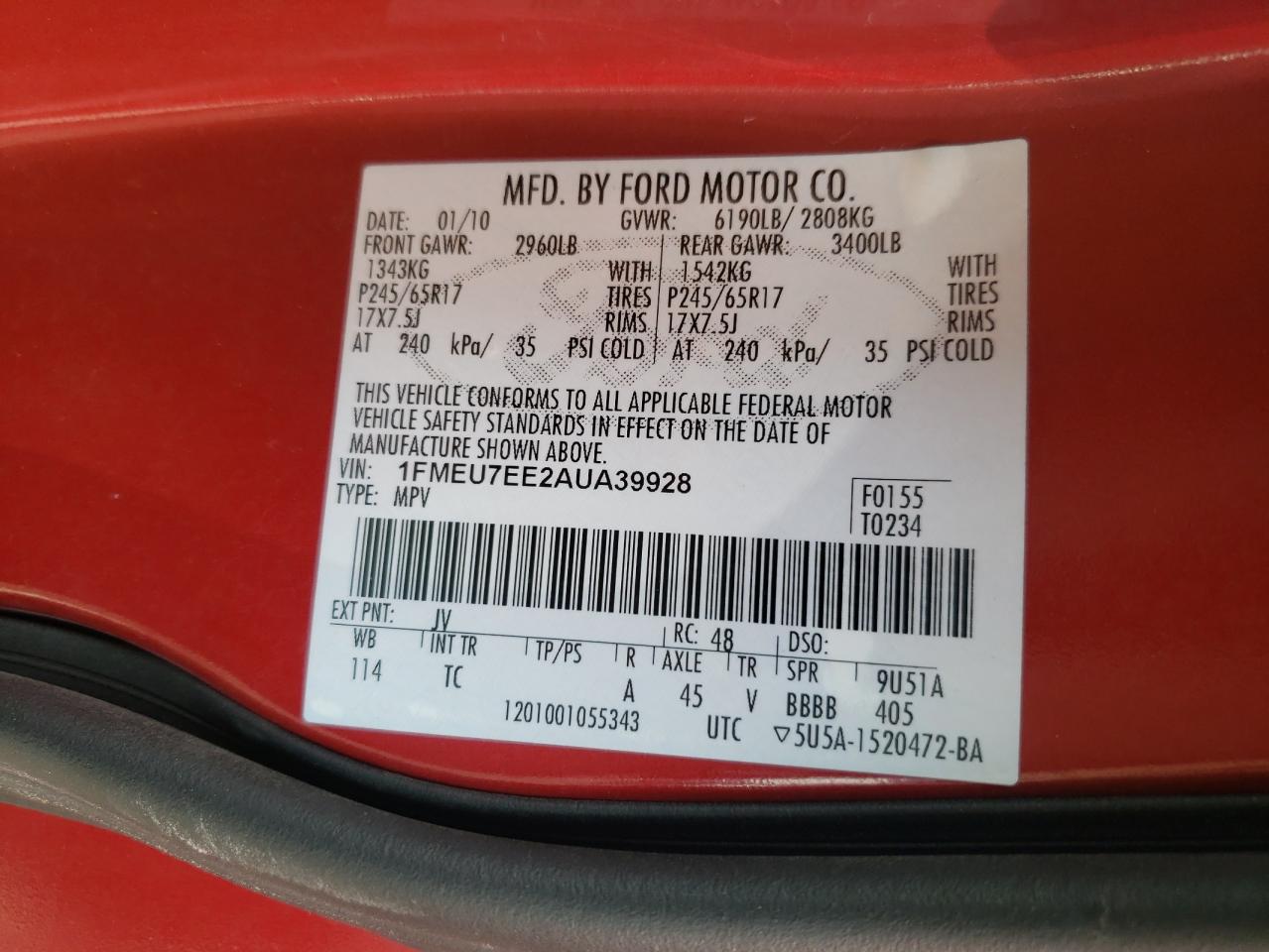 Photo 10 from auction – 2010 FORD EXPLORER E with VIN 1FMEU7EE2AUA39928