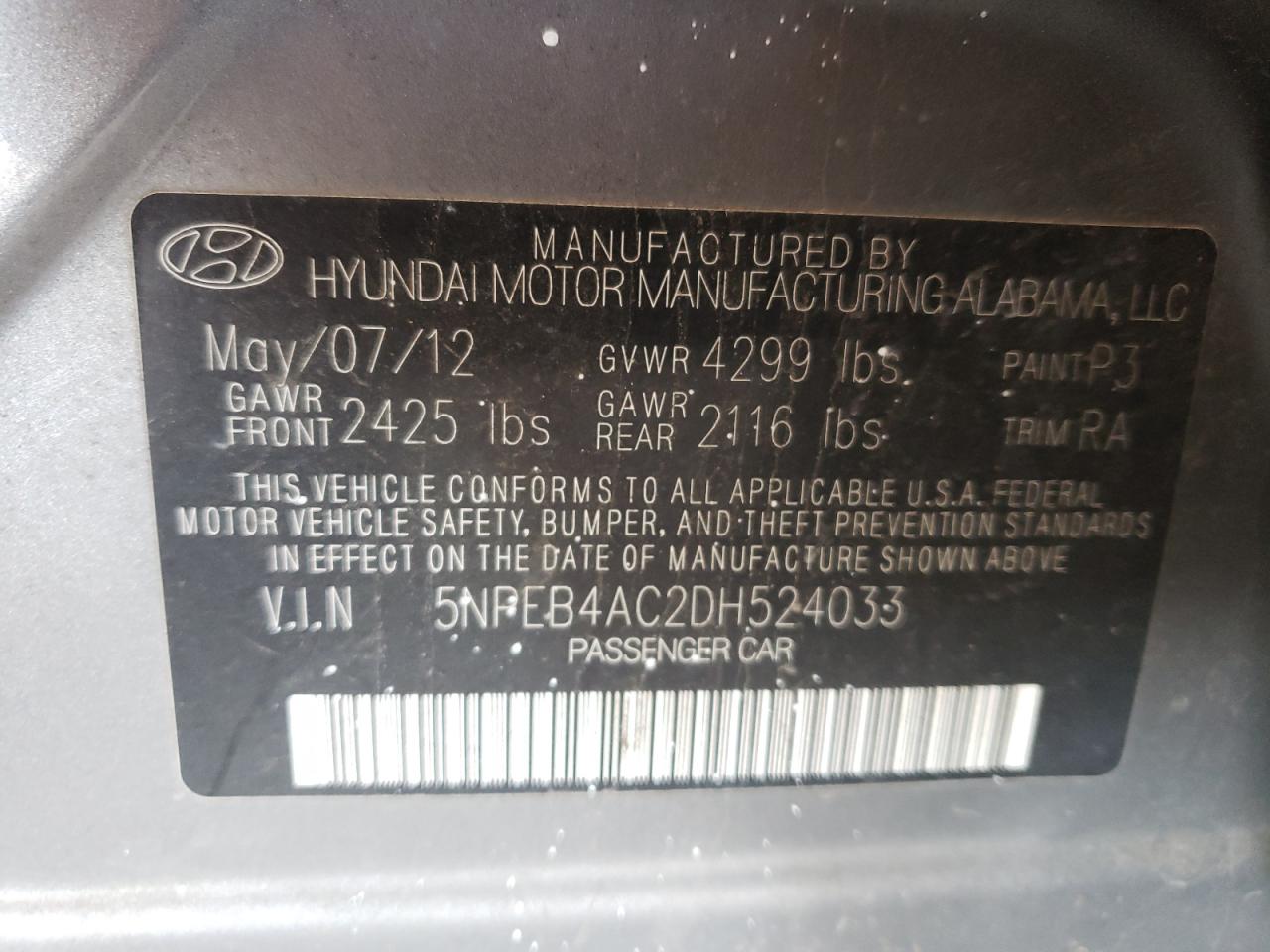 Photo 10 from auction – 2013 HYUNDAI SONATA GLS with VIN 5NPEB4AC2DH524033
