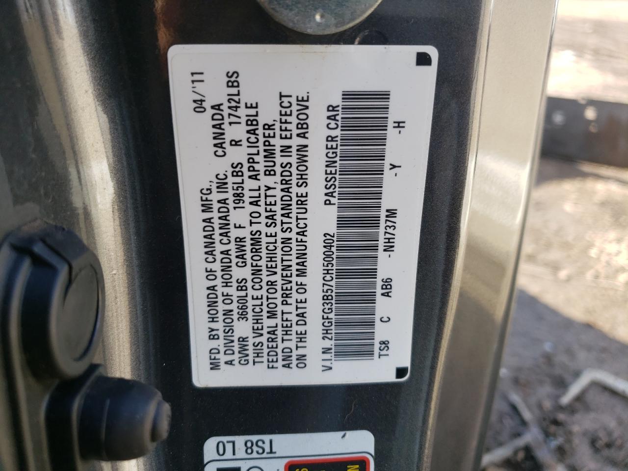 Photo 10 from auction – 2012 HONDA CIVIC LX with VIN 2HGFG3B57CH500402