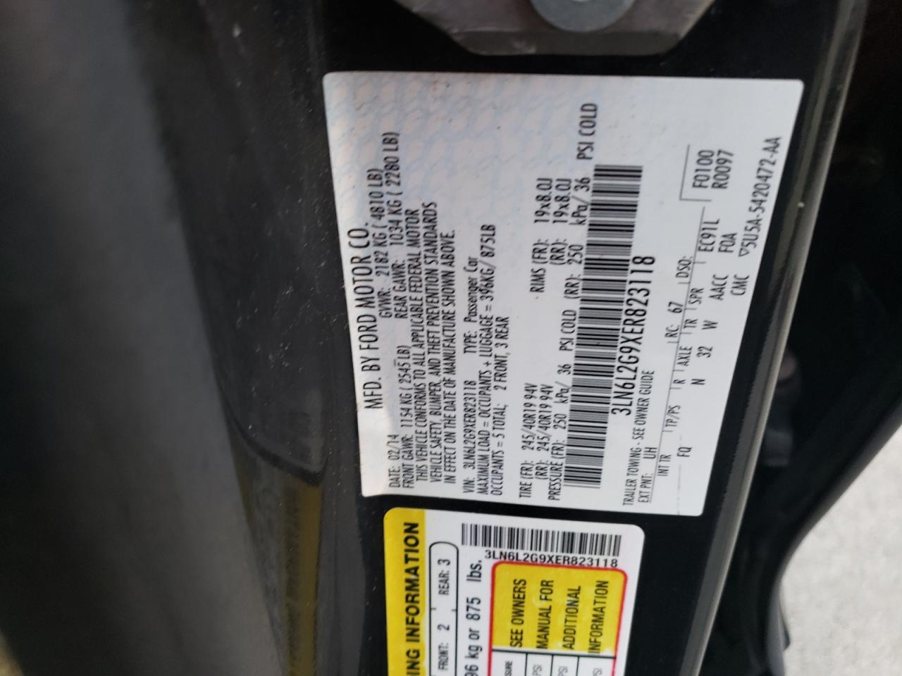 Photo 10 from auction – 2014 LINCOLN MKZ with VIN 3LN6L2G9XER823118
