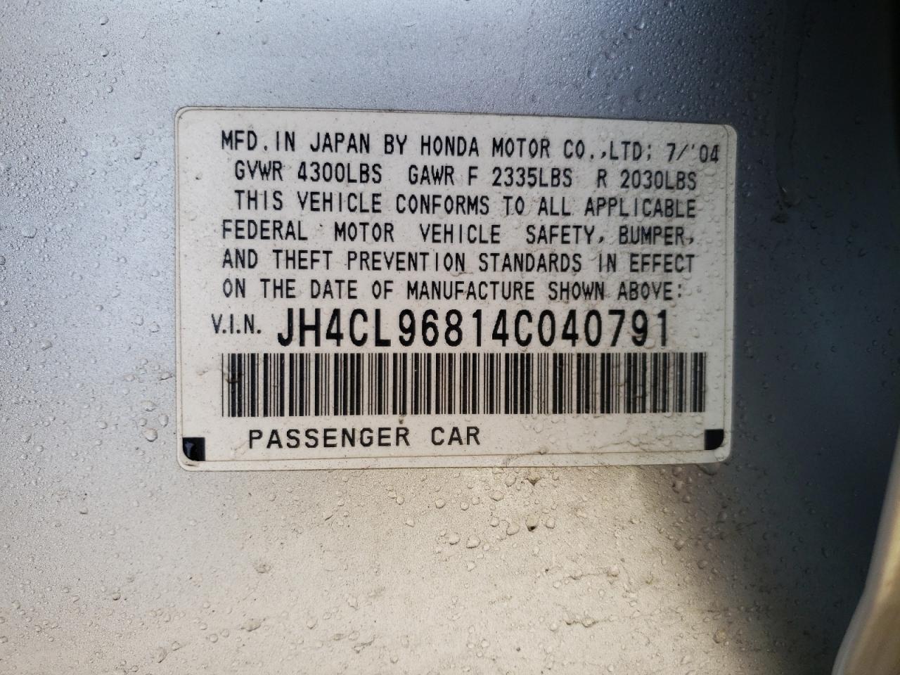 Photo 10 from auction – 2004 ACURA TSX with VIN JH4CL96814C040791