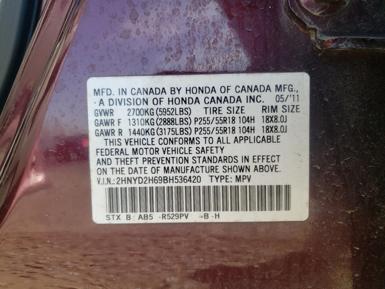 Photo 10 from auction – 2011 ACURA MDX TECHNO with VIN 2HNYD2H69BH536420