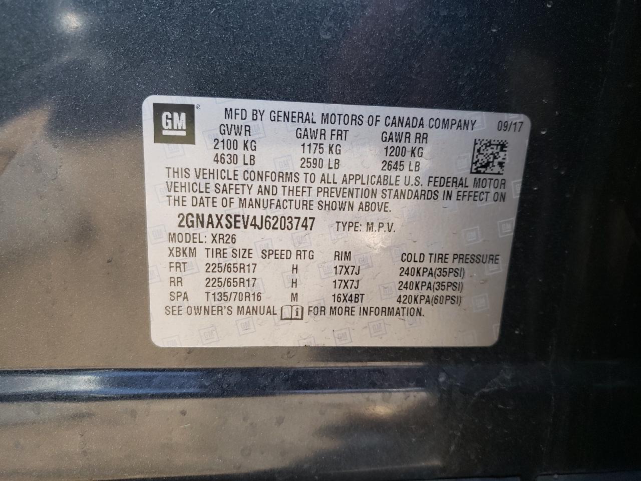 Photo 10 from auction – 2018 CHEVROLET EQUINOX LT with VIN 2GNAXSEV4J6203747