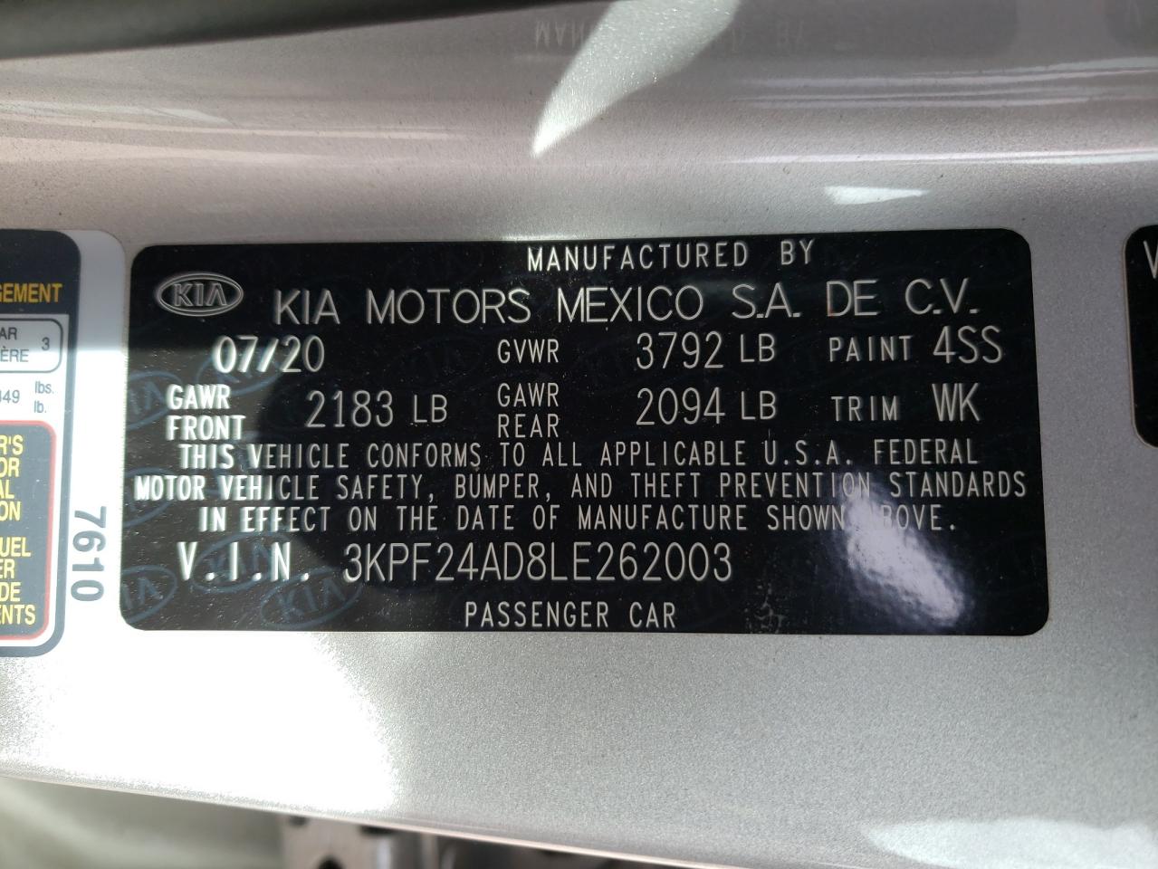 Photo 10 from auction – 2020 KIA FORTE FE with VIN 3KPF24AD8LE262003
