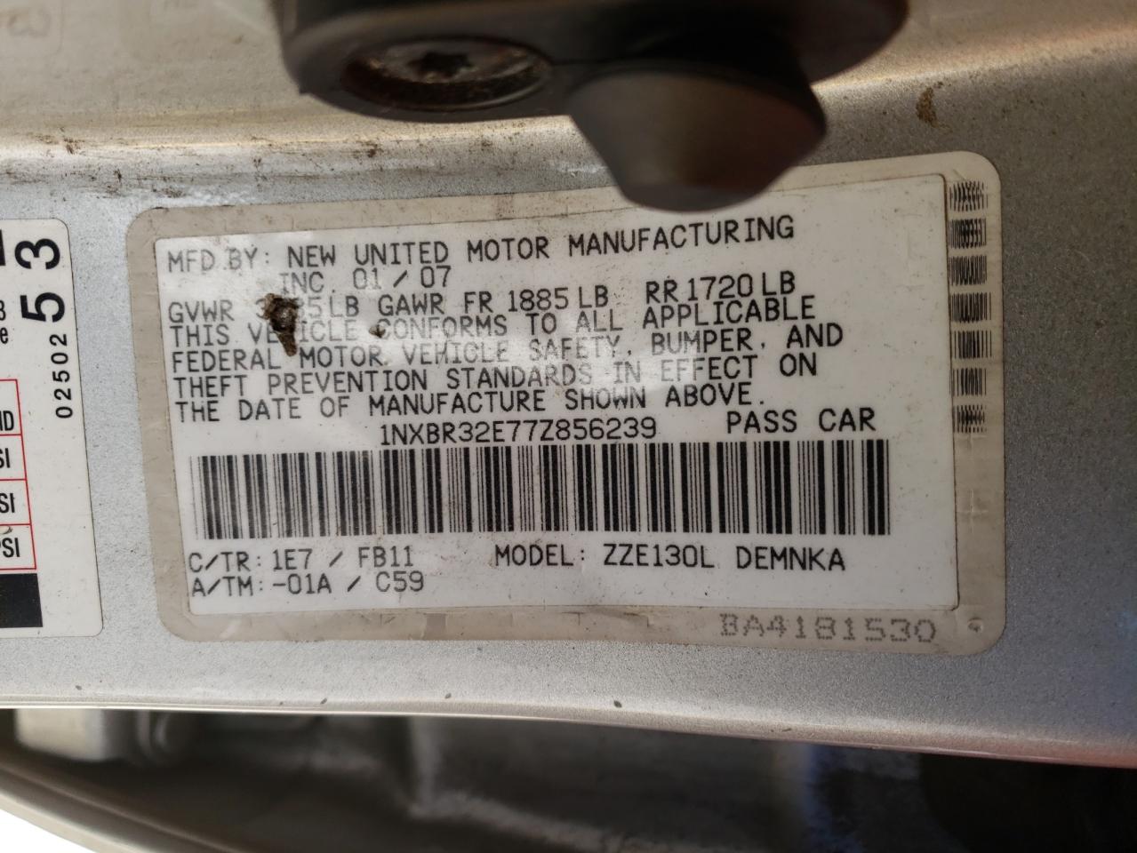 Photo 10 from auction – 2007 TOYOTA COROLLA CE with VIN 1NXBR32E77Z856239