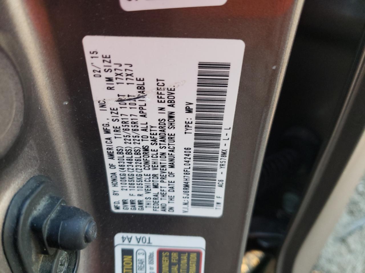 Photo 10 from auction – 2015 HONDA CR-V EXL with VIN 5J6RM4H78FL042406