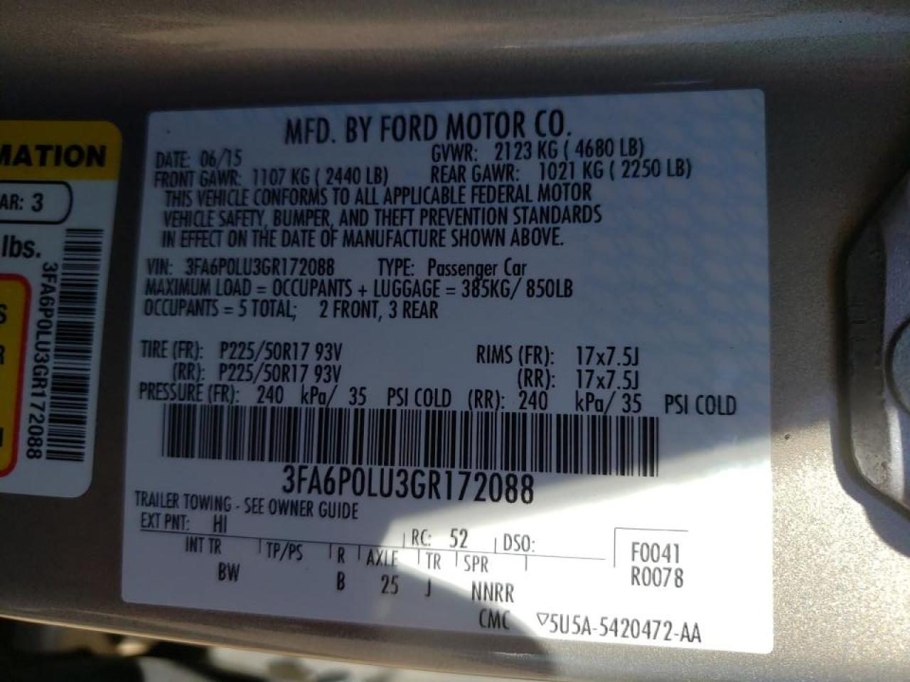 Photo 10 from auction – 2016 FORD FUSION SE with VIN 3FA6P0LU3GR172088