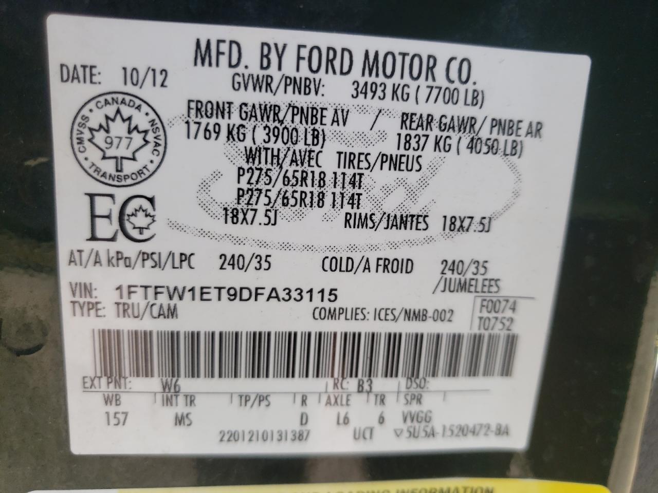 Photo 10 from auction – 2013 FORD F150 SUPER with VIN 1FTFW1ET9DFA33115