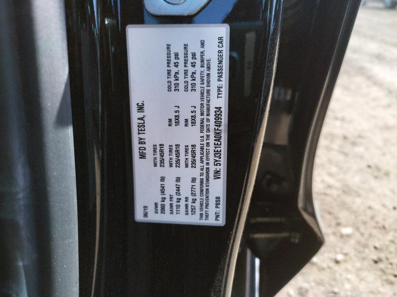Photo 10 from auction – 2019 TESLA MODEL 3 with VIN 5YJ3E1EA0KF409934
