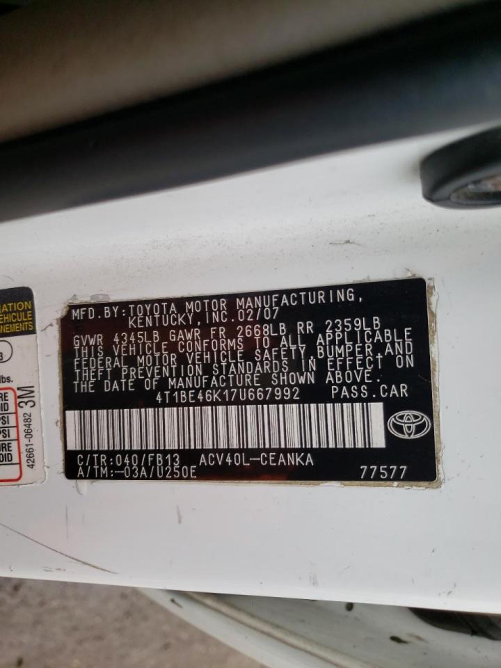 Photo 10 from auction – 2007 TOYOTA CAMRY CE with VIN 4T1BE46K17U667992