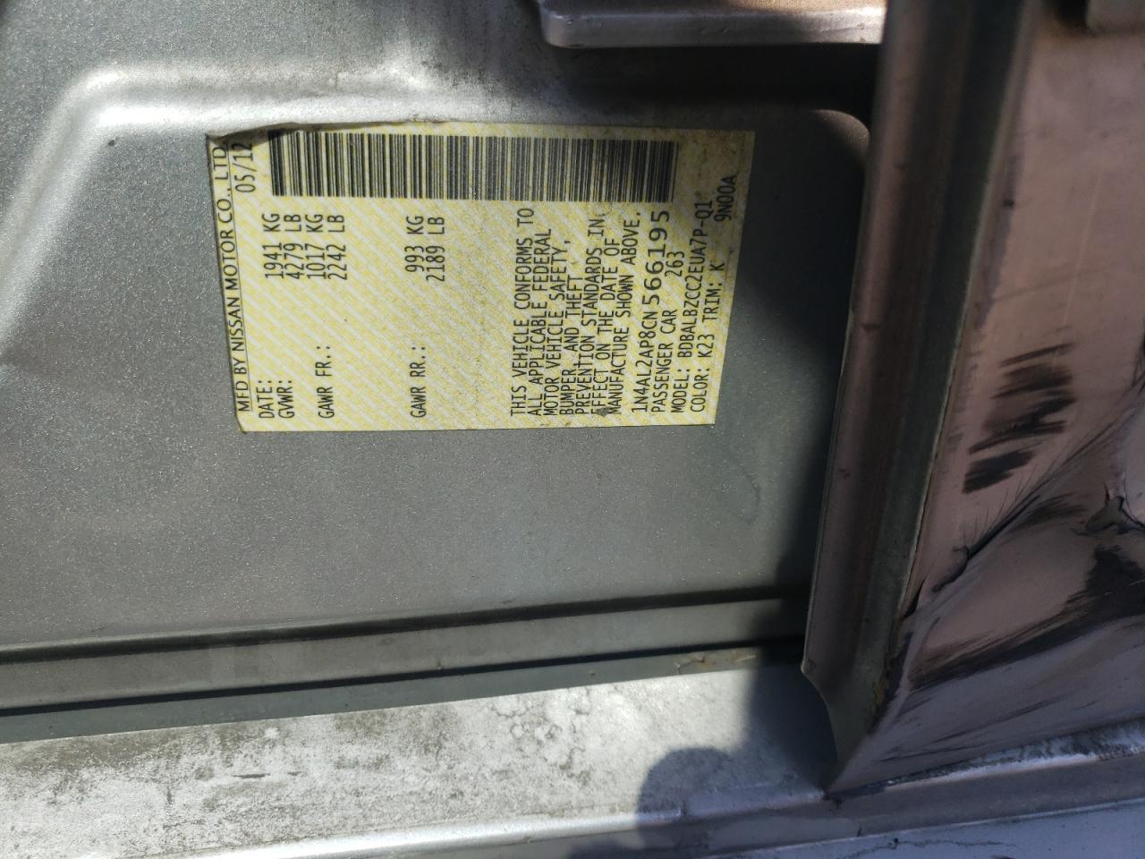 Photo 10 from auction – 2012 NISSAN ALTIMA BAS with VIN 1N4AL2AP8CN566195