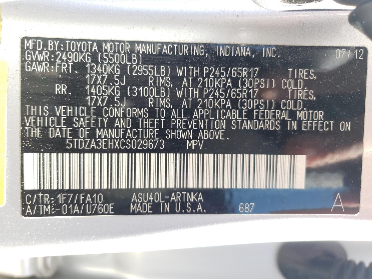 Photo 10 from auction – 2012 TOYOTA HIGHLANDER with VIN 5TDZA3EHXCS029673