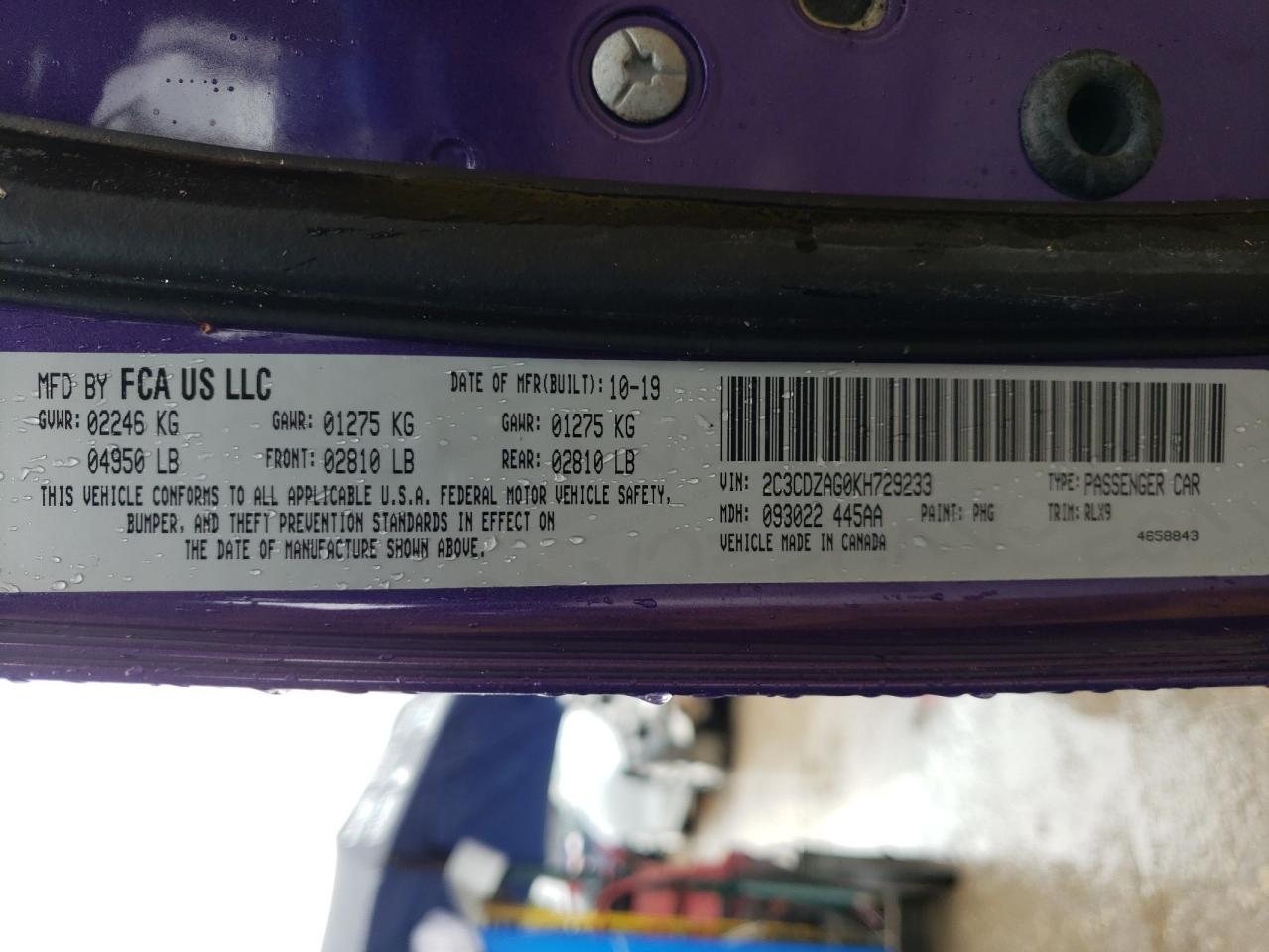 Photo 10 from auction – 2019 DODGE CHALLENGER with VIN 2C3CDZAG0KH729233
