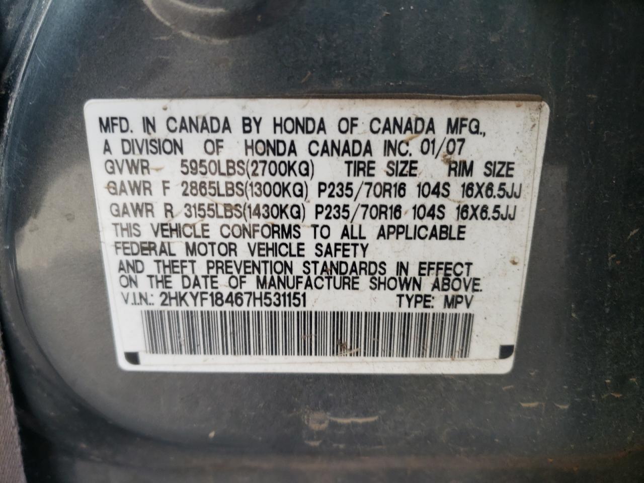 Photo 10 from auction – 2007 HONDA PILOT EX with VIN 2HKYF18467H531151