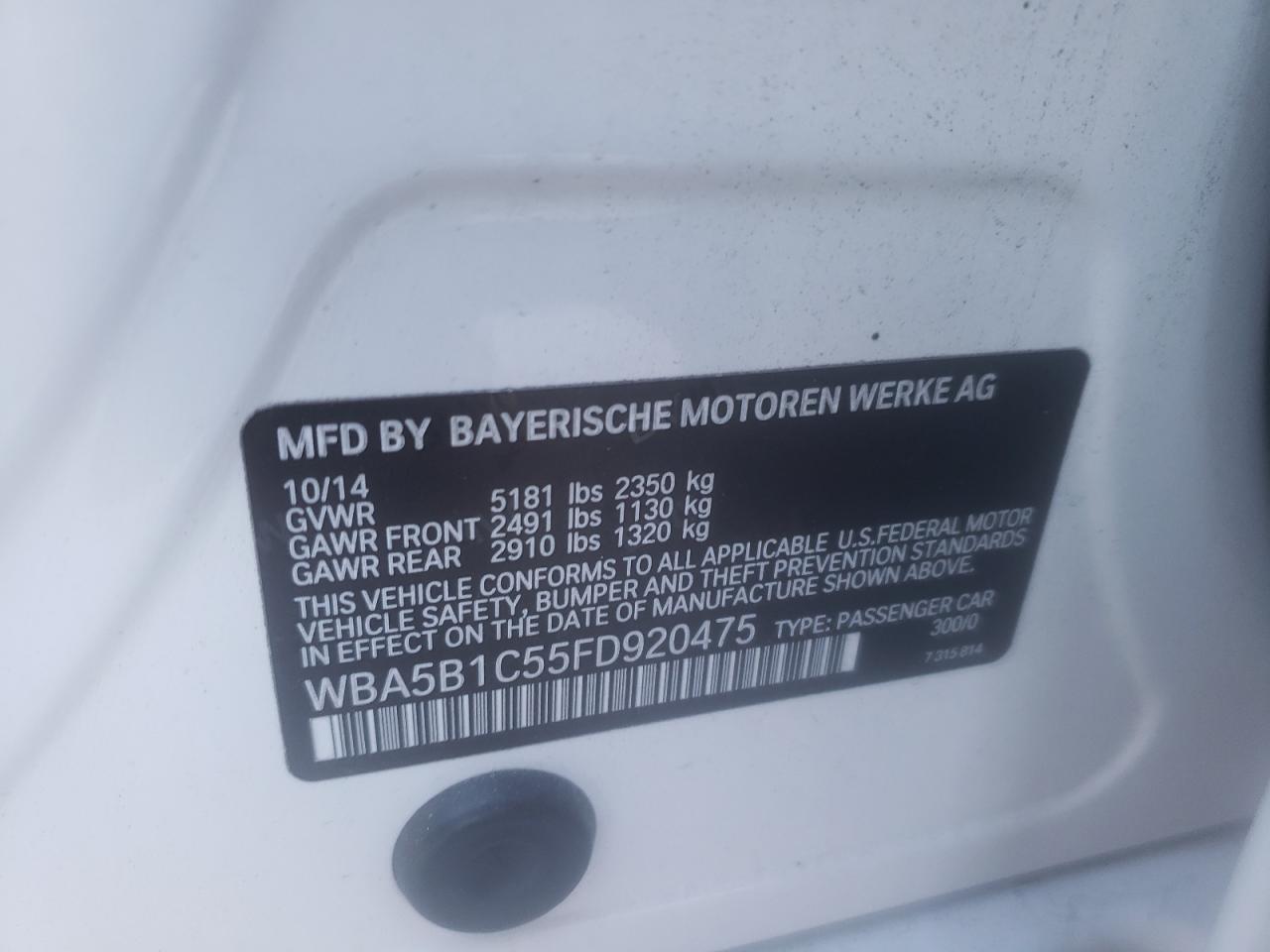 Photo 10 from auction – 2015 BMW 535 I with VIN WBA5B1C55FD920475