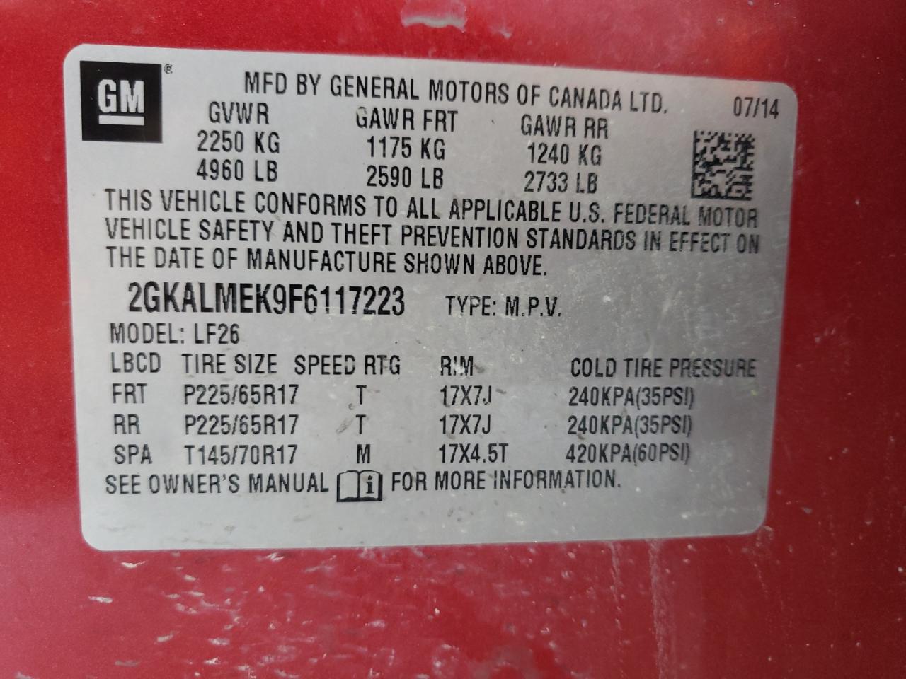 Photo 10 from auction – 2015 GMC TERRAIN SL with VIN 2GKALMEK9F6117223