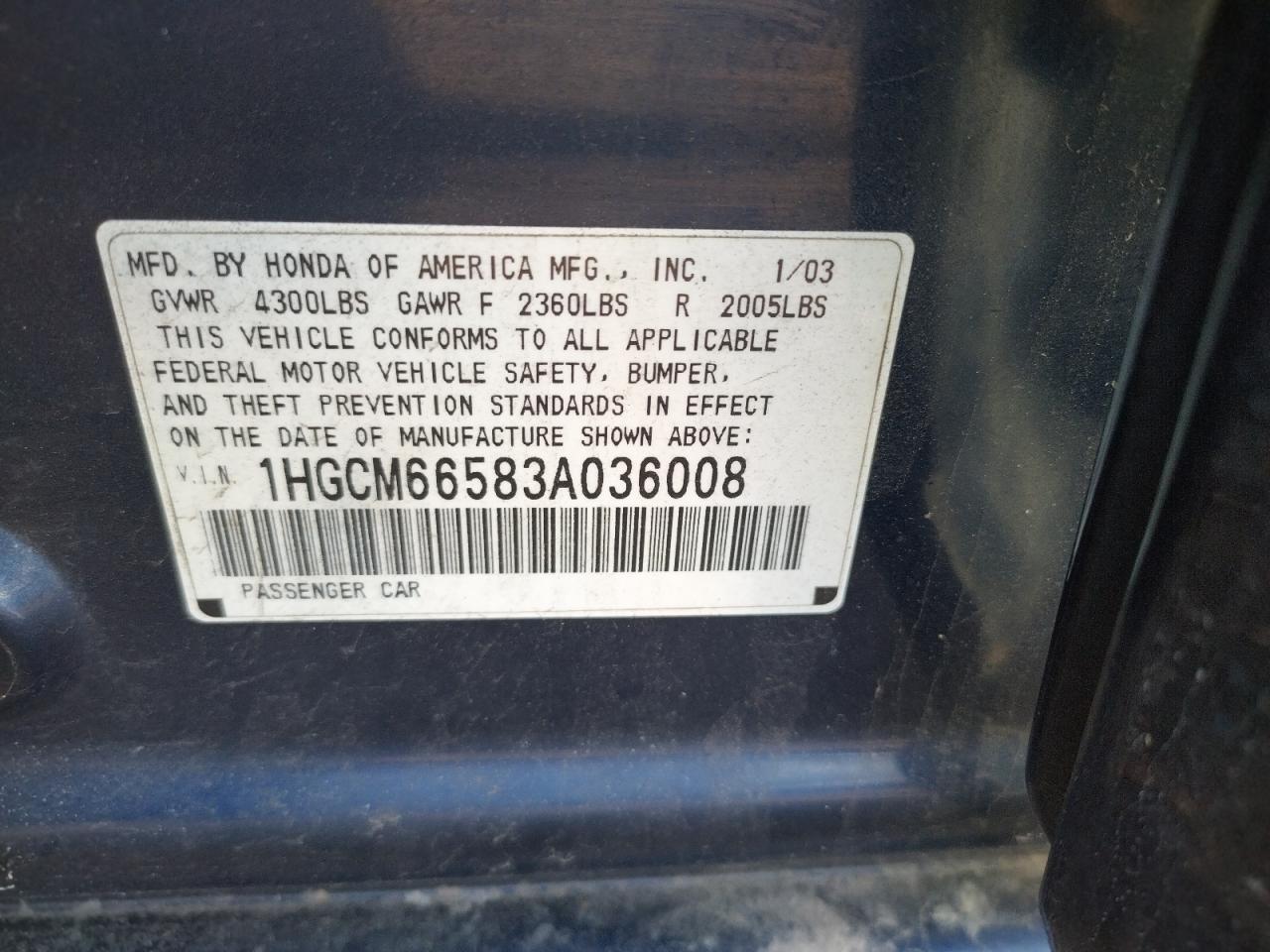 Photo 10 from auction – 2003 HONDA ACCORD EX with VIN 1HGCM66583A036008
