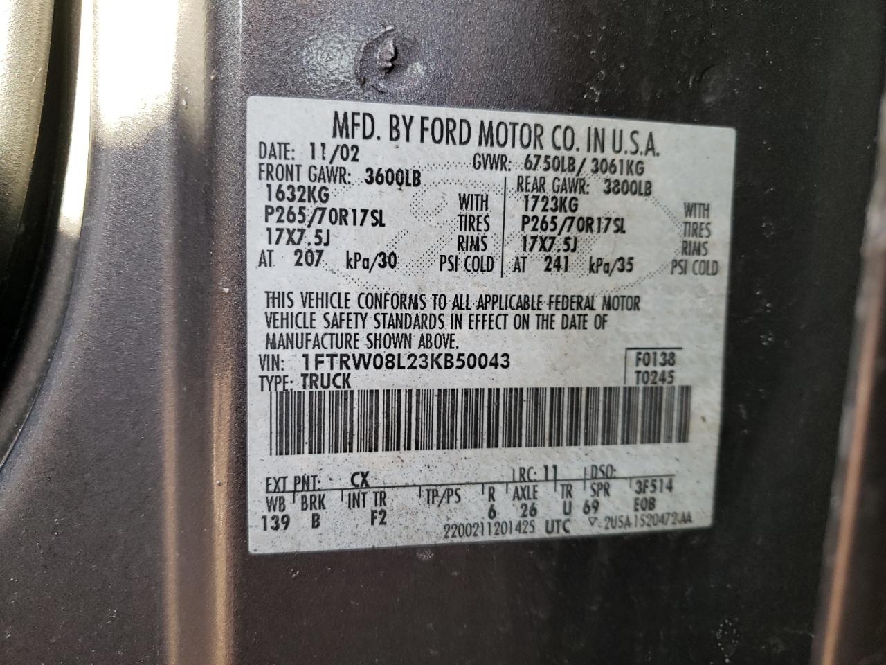 Photo 10 from auction – 2003 FORD F150 SUPER with VIN 1FTRW08L23KB50043