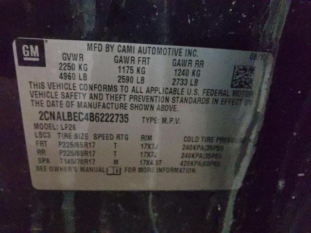 Photo 10 from auction – 2011 CHEVROLET EQUINOX LS with VIN 2CNALBEC4B6222735