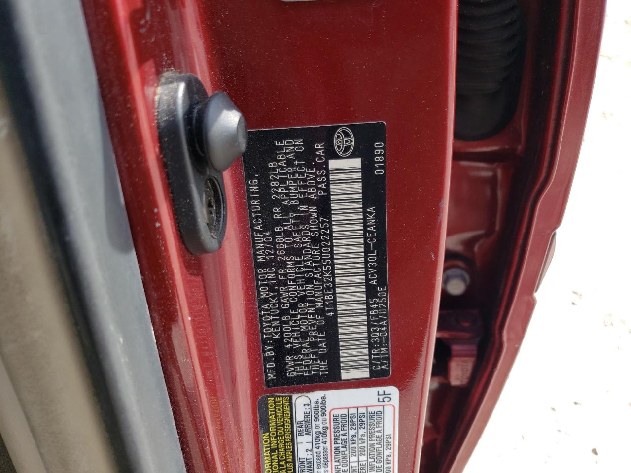 Photo 10 from auction – 2005 TOYOTA CAMRY with VIN 4T1BE32K55U022257
